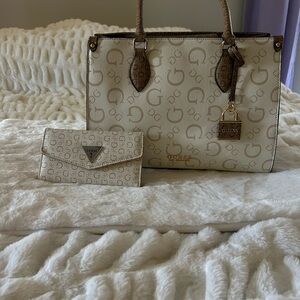GUESS Beige Logo Tote and Wallet Set